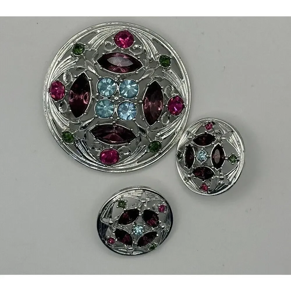 Vintage‎ 1972 Sarah Coventry SPRINGTIME Multi Color Rhinestone Brooch Earrings